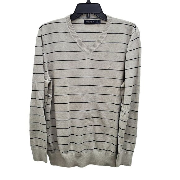 Nautica Men's Light Gray & Navy Stripe Preppy V-Neck L/S Sweater Size‎ L - Picture 1 of 5